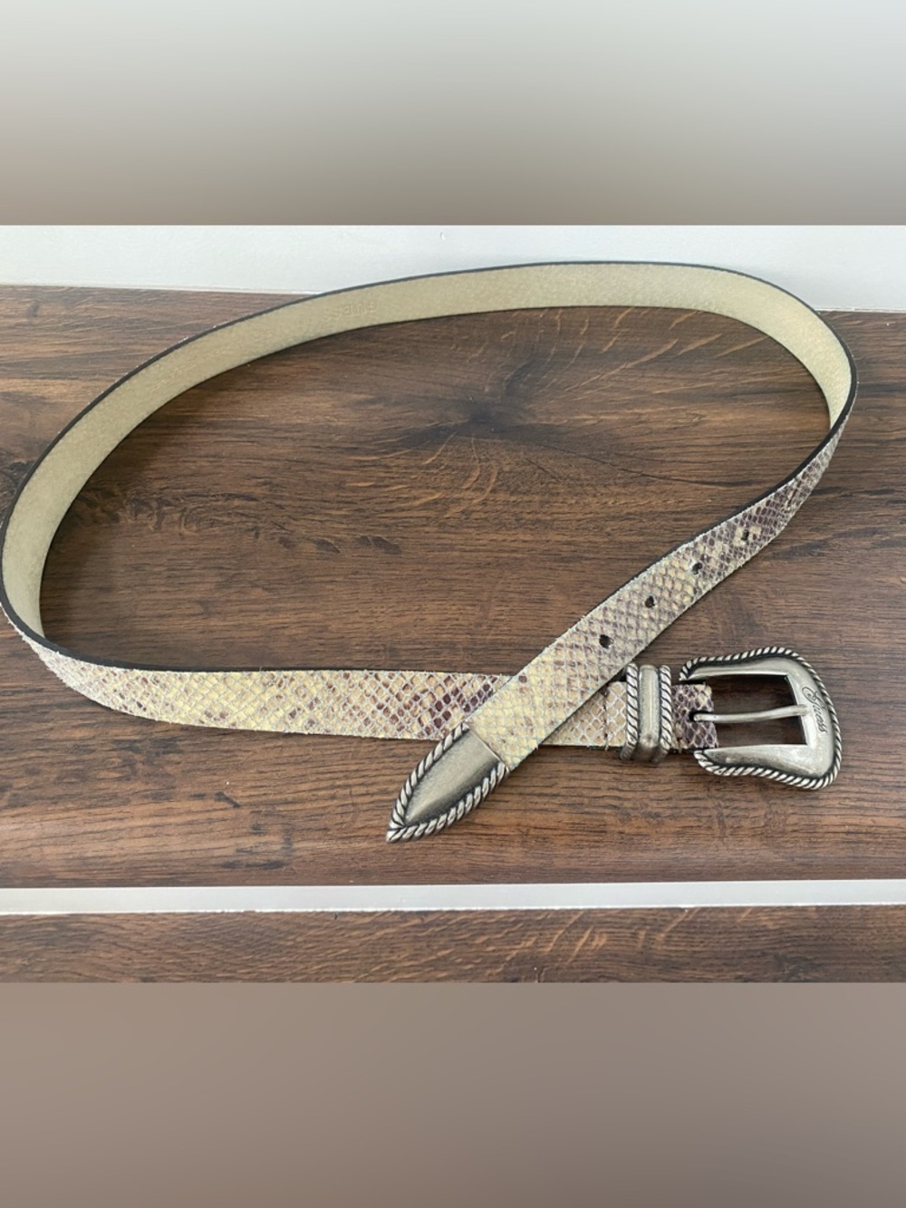 Guess Snake-Print Leather Belt with Silver Buckle